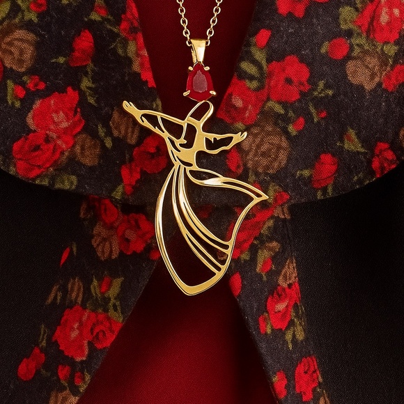 Whirling Dervish Brass Jewelry Set with Red Gemstone – Necklace and Earrings - Picture 4 of 6